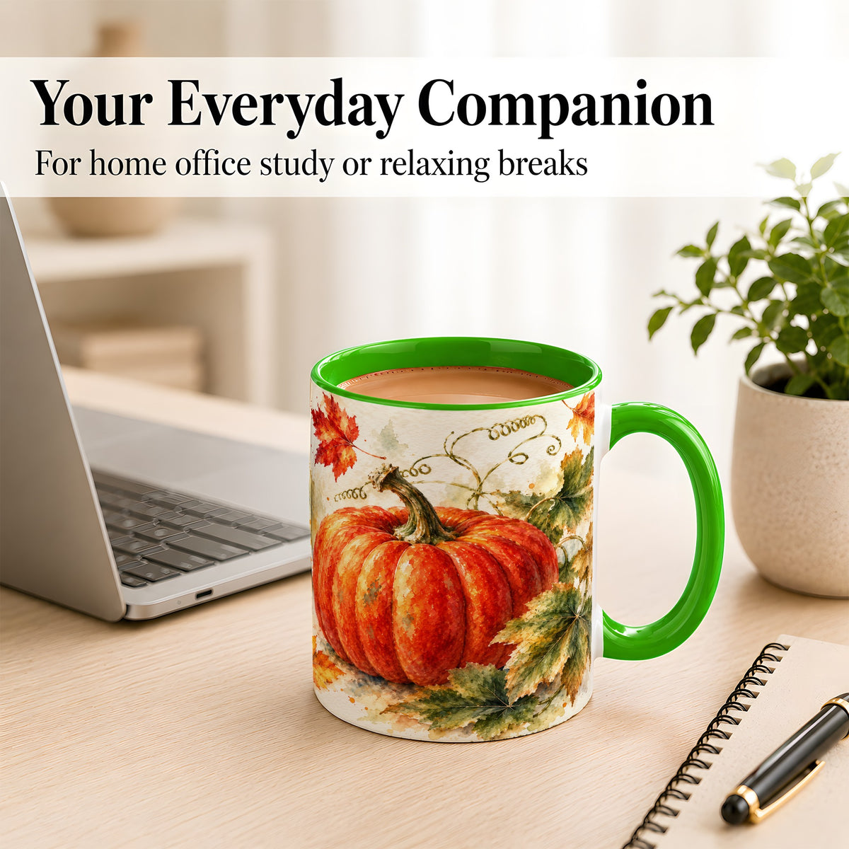 #pl[11oz|Green] Autumn Pumpkin Coffee Mug, Watercolor Harvest Mug, Ceramic Cup