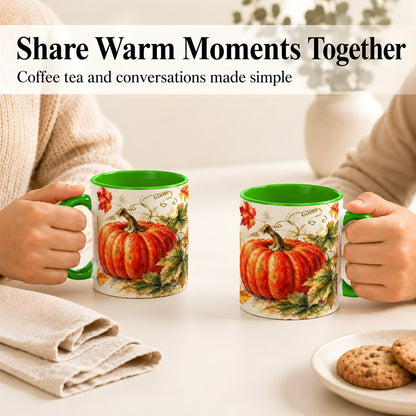 #pl[11oz|Green] Autumn Pumpkin Coffee Mug, Watercolor Harvest Mug, Ceramic Cup