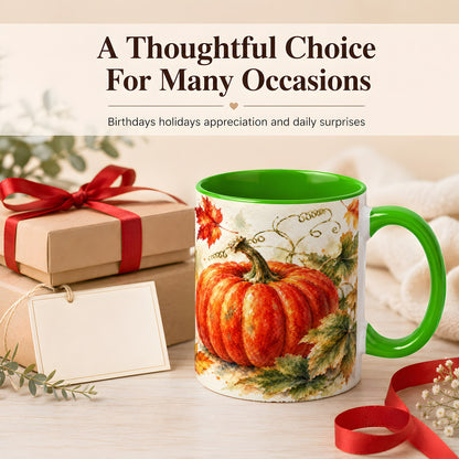 #pl[11oz|Green] Autumn Pumpkin Coffee Mug, Watercolor Harvest Mug, Ceramic Cup
