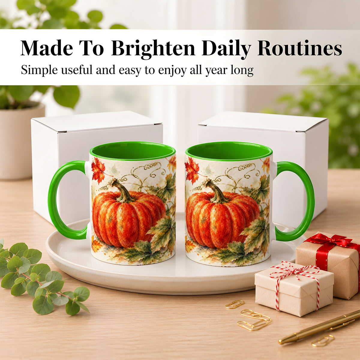 #pl[11oz|Green] Autumn Pumpkin Coffee Mug, Watercolor Harvest Mug, Ceramic Cup
