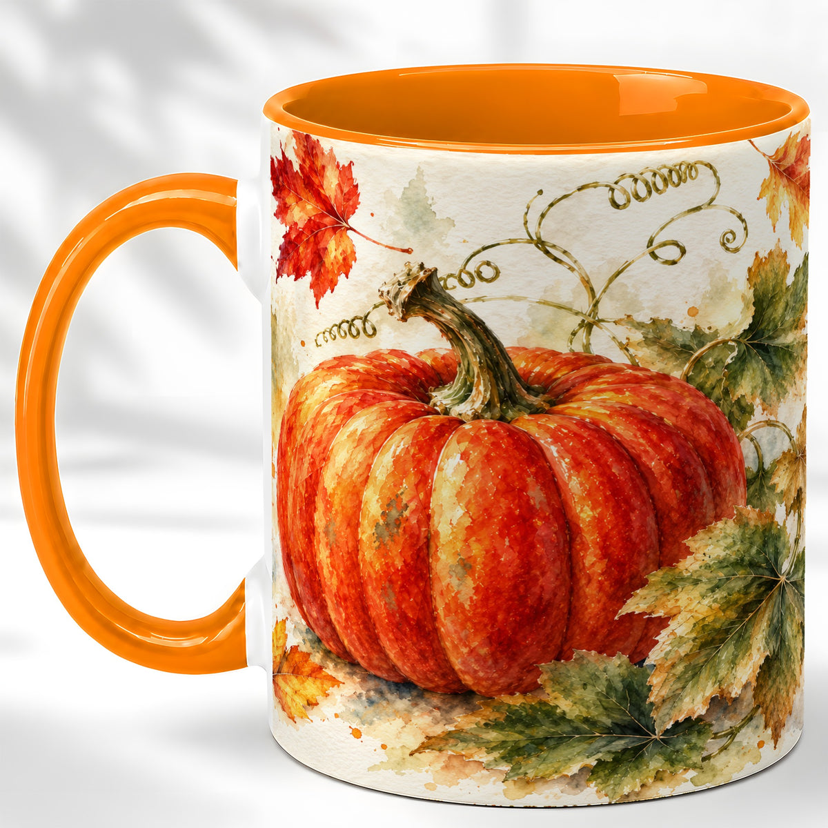 #pl[11oz|Orange] Autumn Pumpkin Coffee Mug, Watercolor Harvest Mug, Ceramic Cup