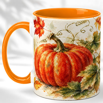 #pl[11oz|Orange] Autumn Pumpkin Coffee Mug, Watercolor Harvest Mug, Ceramic Cup