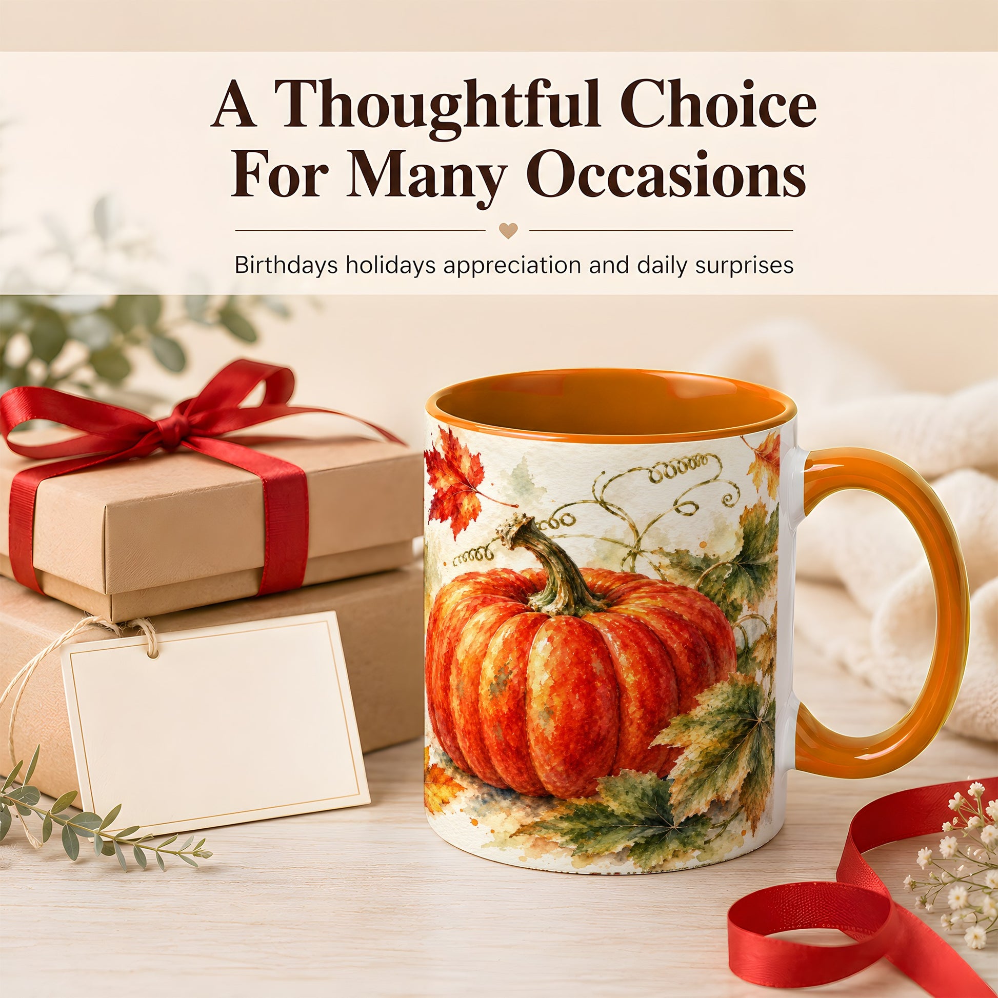 #pl[11oz|Orange] Autumn Pumpkin Coffee Mug, Watercolor Harvest Mug, Ceramic Cup