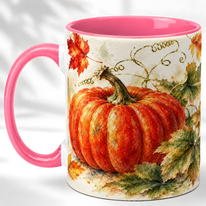 #pl[11oz|Pink] Autumn Pumpkin Coffee Mug, Watercolor Harvest Mug, Ceramic Cup