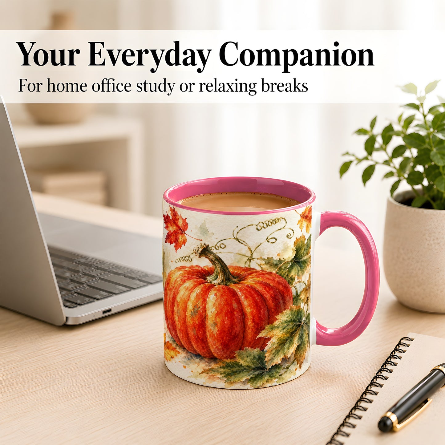 #pl[11oz|Pink] Autumn Pumpkin Coffee Mug, Watercolor Harvest Mug, Ceramic Cup