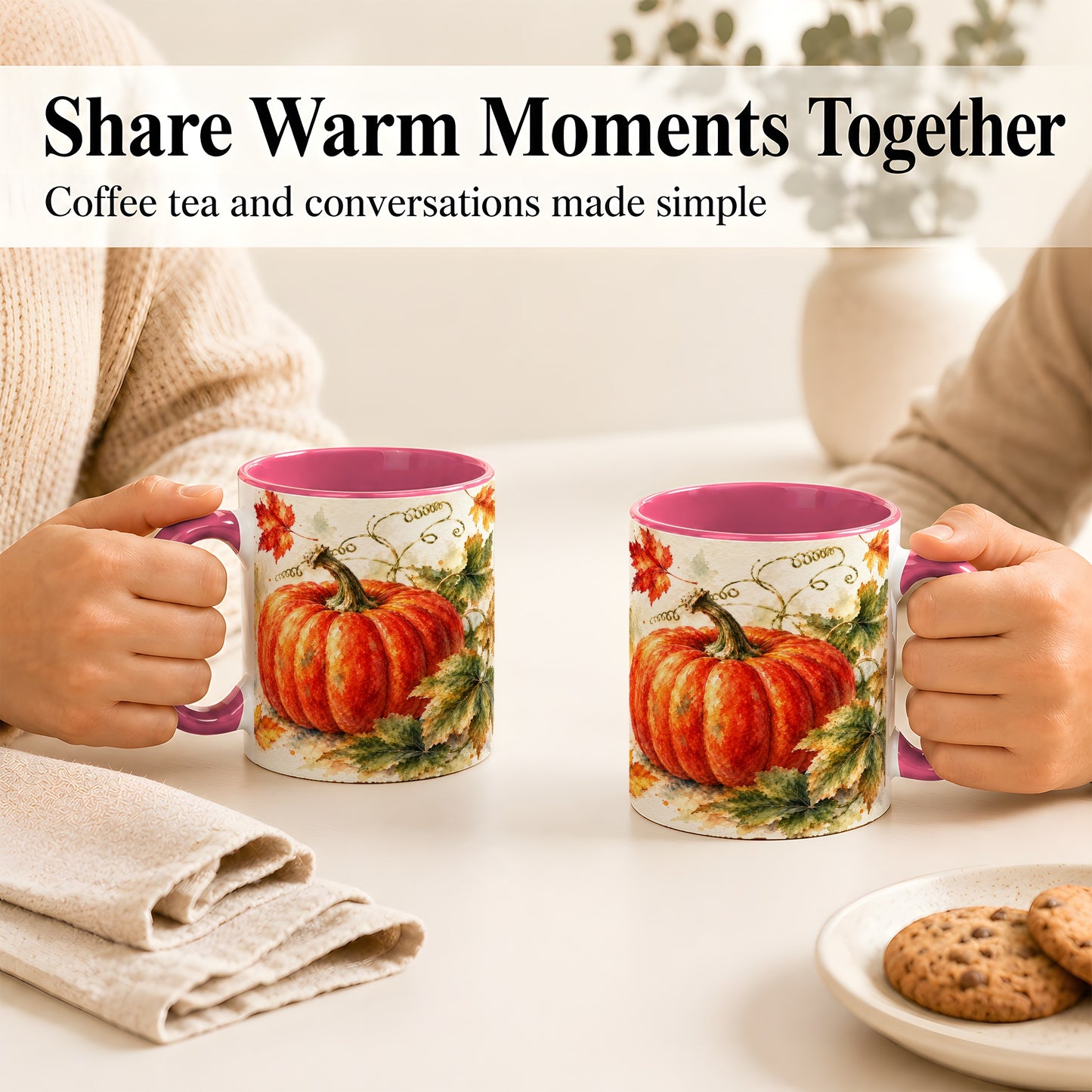 #pl[11oz|Pink] Autumn Pumpkin Coffee Mug, Watercolor Harvest Mug, Ceramic Cup