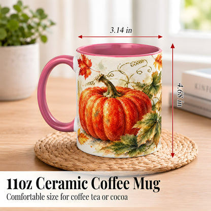 #pl[11oz|Pink] Autumn Pumpkin Coffee Mug, Watercolor Harvest Mug, Ceramic Cup