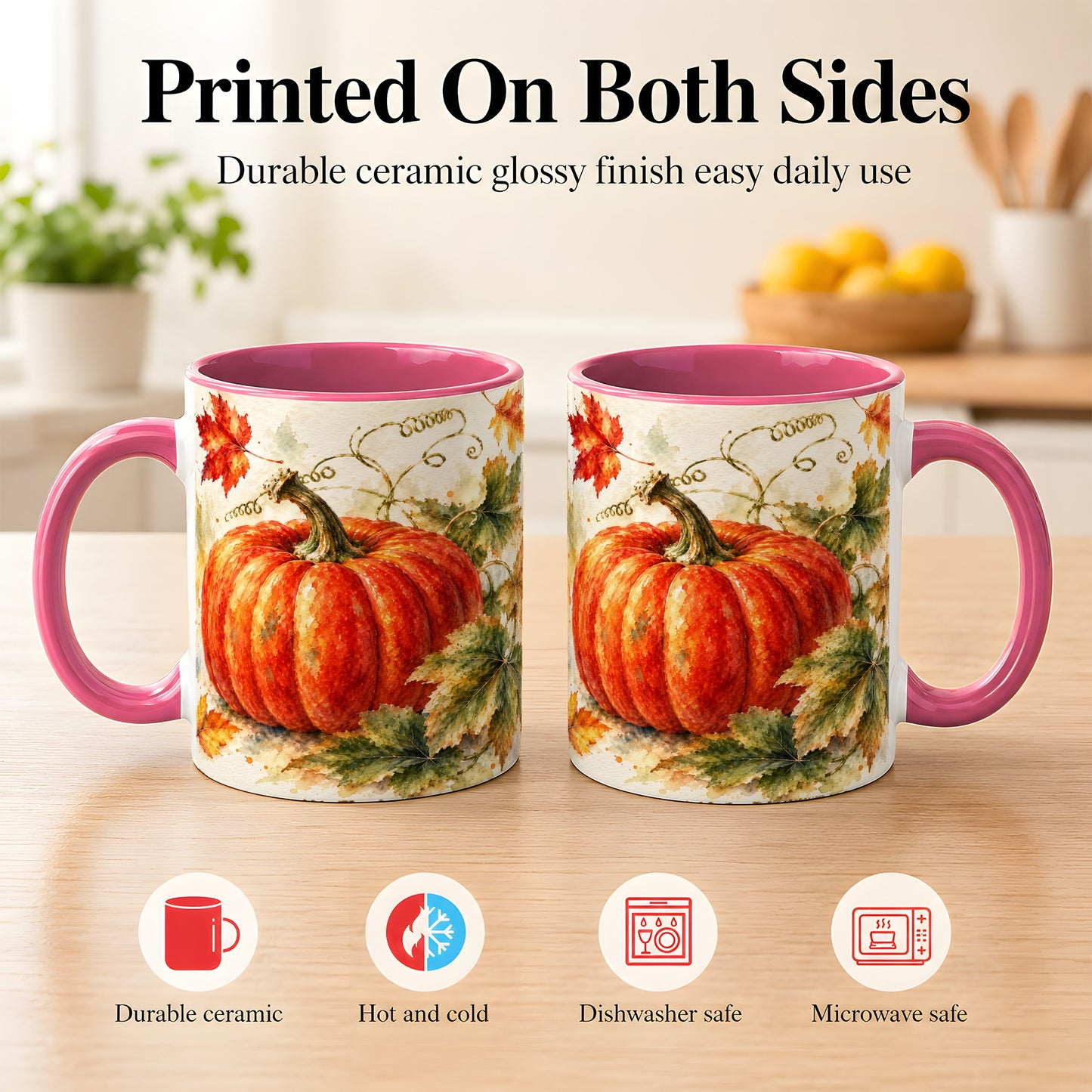 #pl[11oz|Pink] Autumn Pumpkin Coffee Mug, Watercolor Harvest Mug, Ceramic Cup