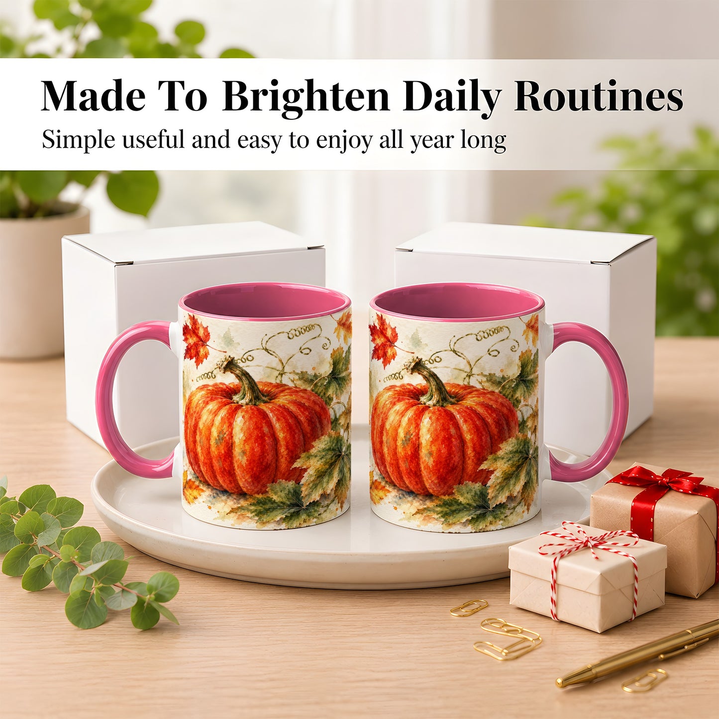 #pl[11oz|Pink] Autumn Pumpkin Coffee Mug, Watercolor Harvest Mug, Ceramic Cup