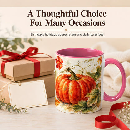#pl[11oz|Pink] Autumn Pumpkin Coffee Mug, Watercolor Harvest Mug, Ceramic Cup