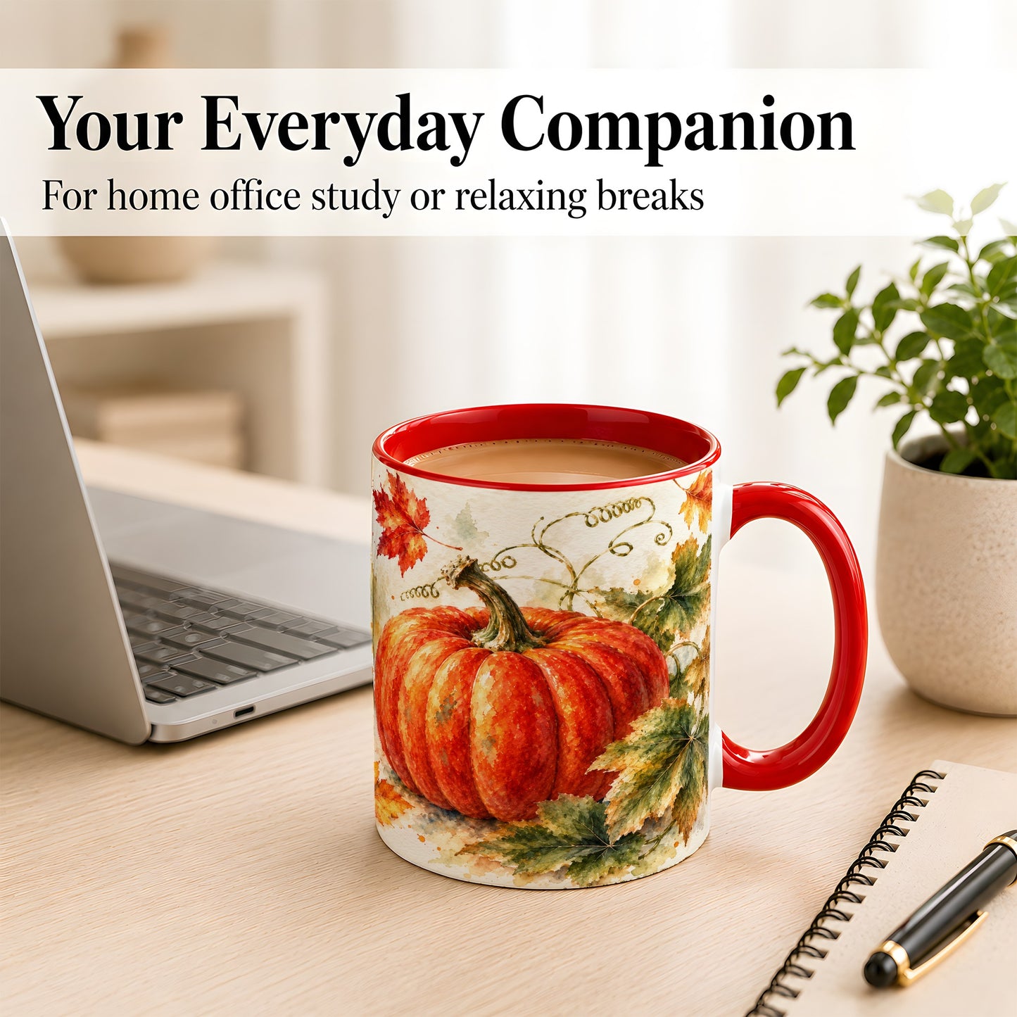 #pl[11oz|Red] Autumn Pumpkin Coffee Mug, Watercolor Harvest Mug, Ceramic Cup