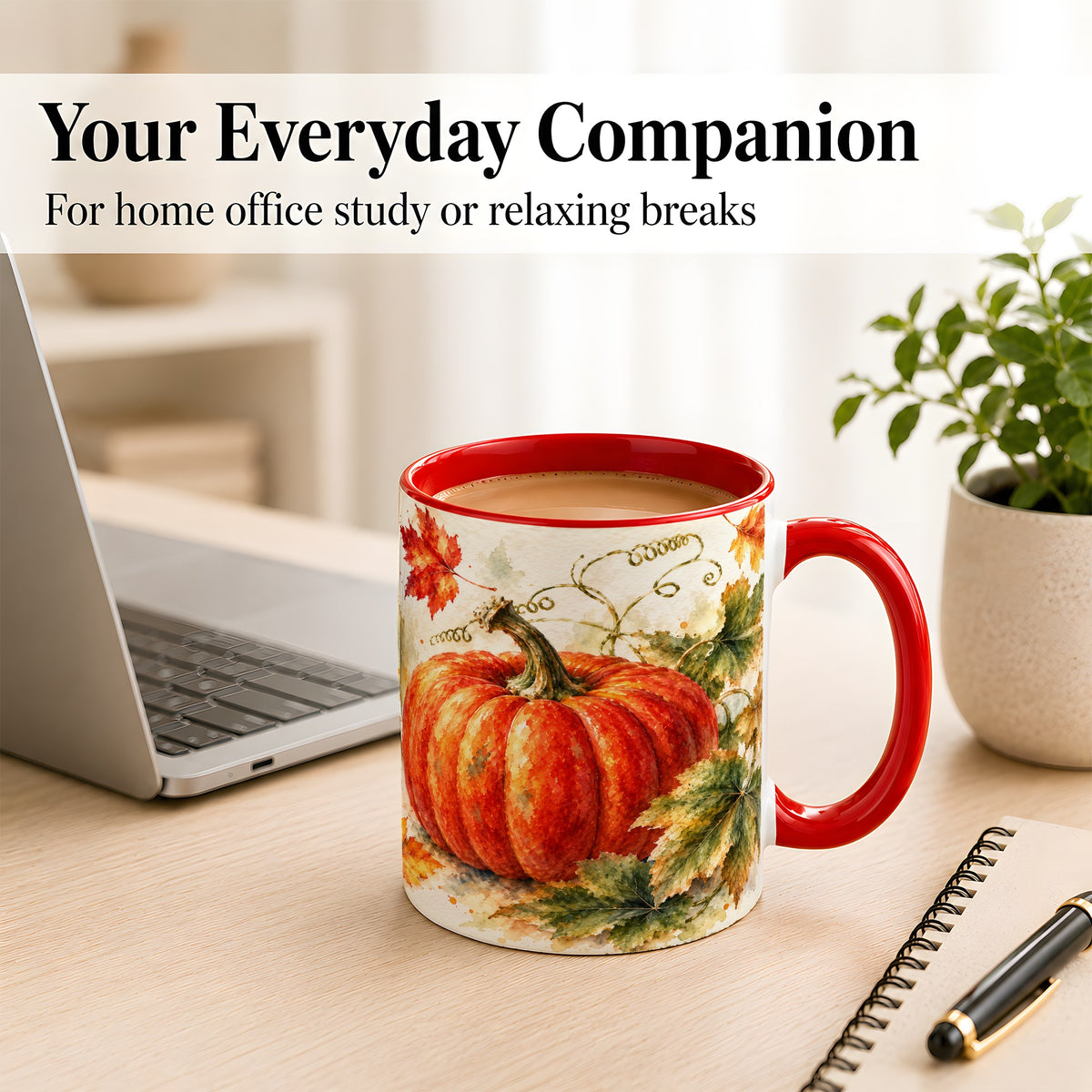 #pl[11oz|Red] Autumn Pumpkin Coffee Mug, Watercolor Harvest Mug, Ceramic Cup