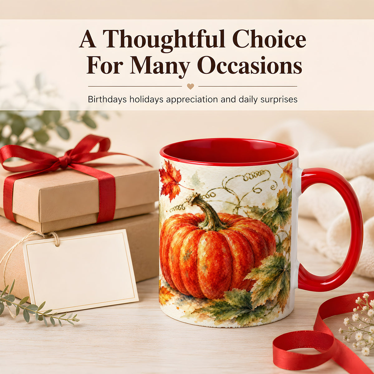 #pl[11oz|Red] Autumn Pumpkin Coffee Mug, Watercolor Harvest Mug, Ceramic Cup