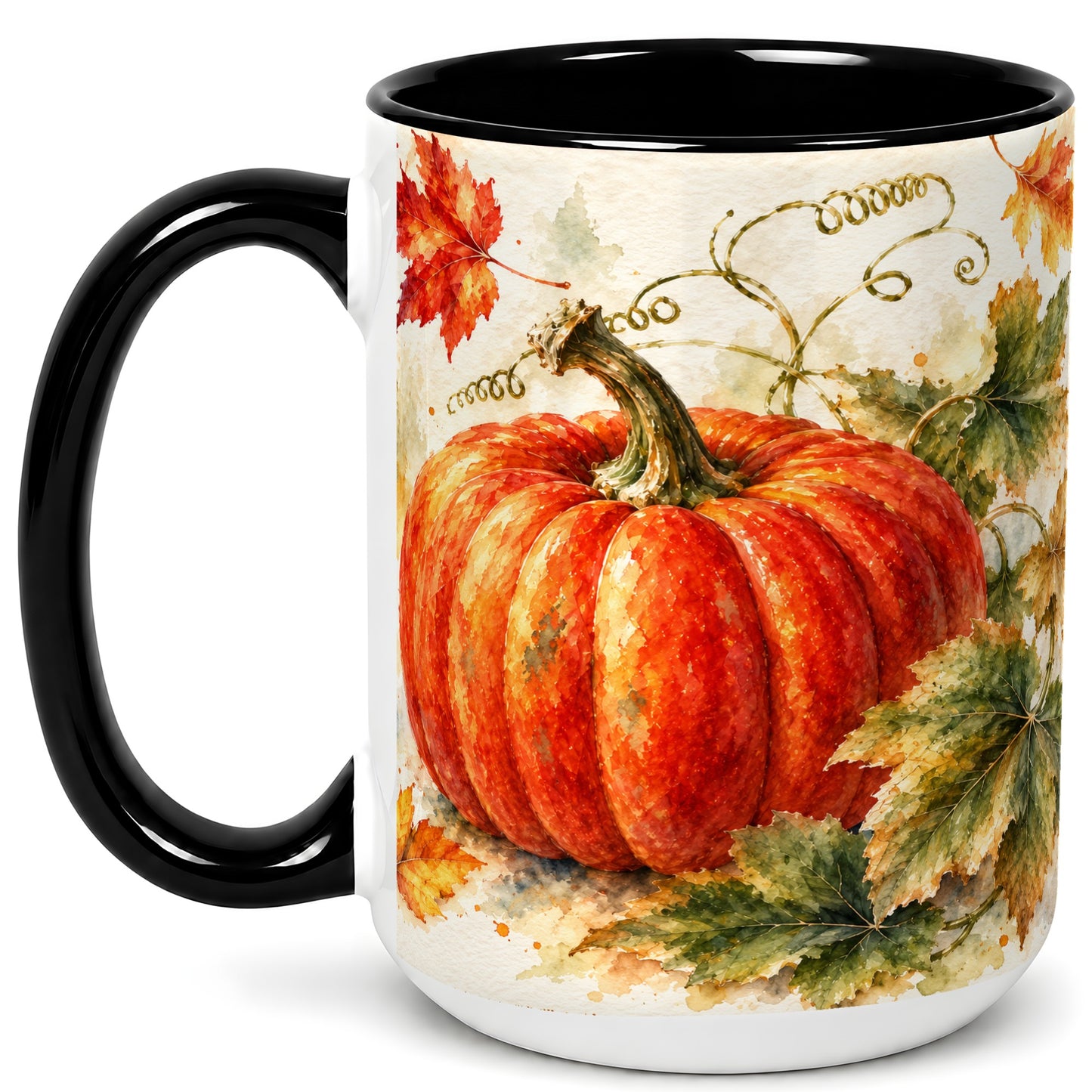 #pl[15oz|Black] Autumn Pumpkin Coffee Mug, Watercolor Harvest Mug, Ceramic Cup