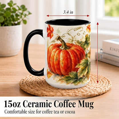 #pl[15oz|Black] Autumn Pumpkin Coffee Mug, Watercolor Harvest Mug, Ceramic Cup