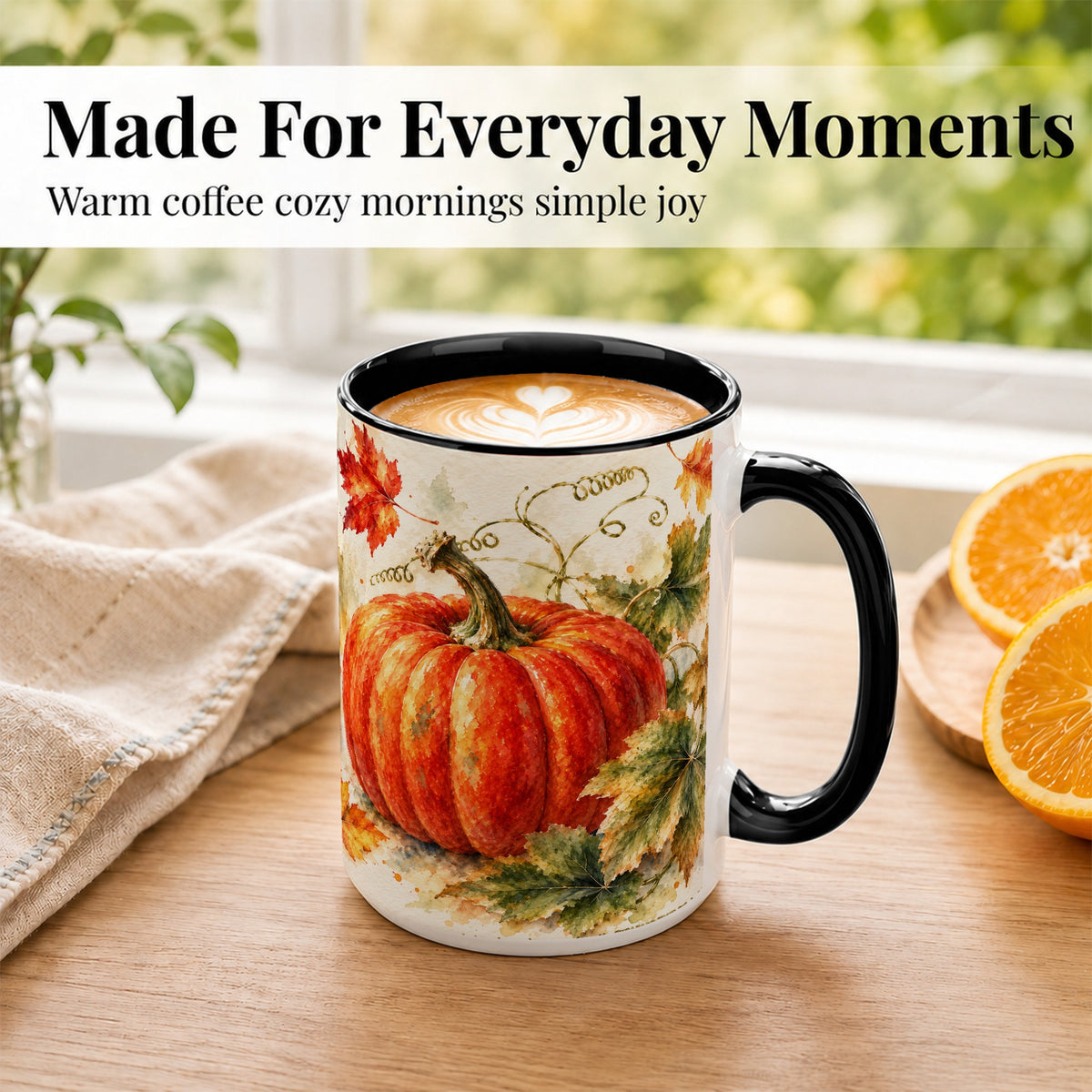 #pl[15oz|Black] Autumn Pumpkin Coffee Mug, Watercolor Harvest Mug, Ceramic Cup