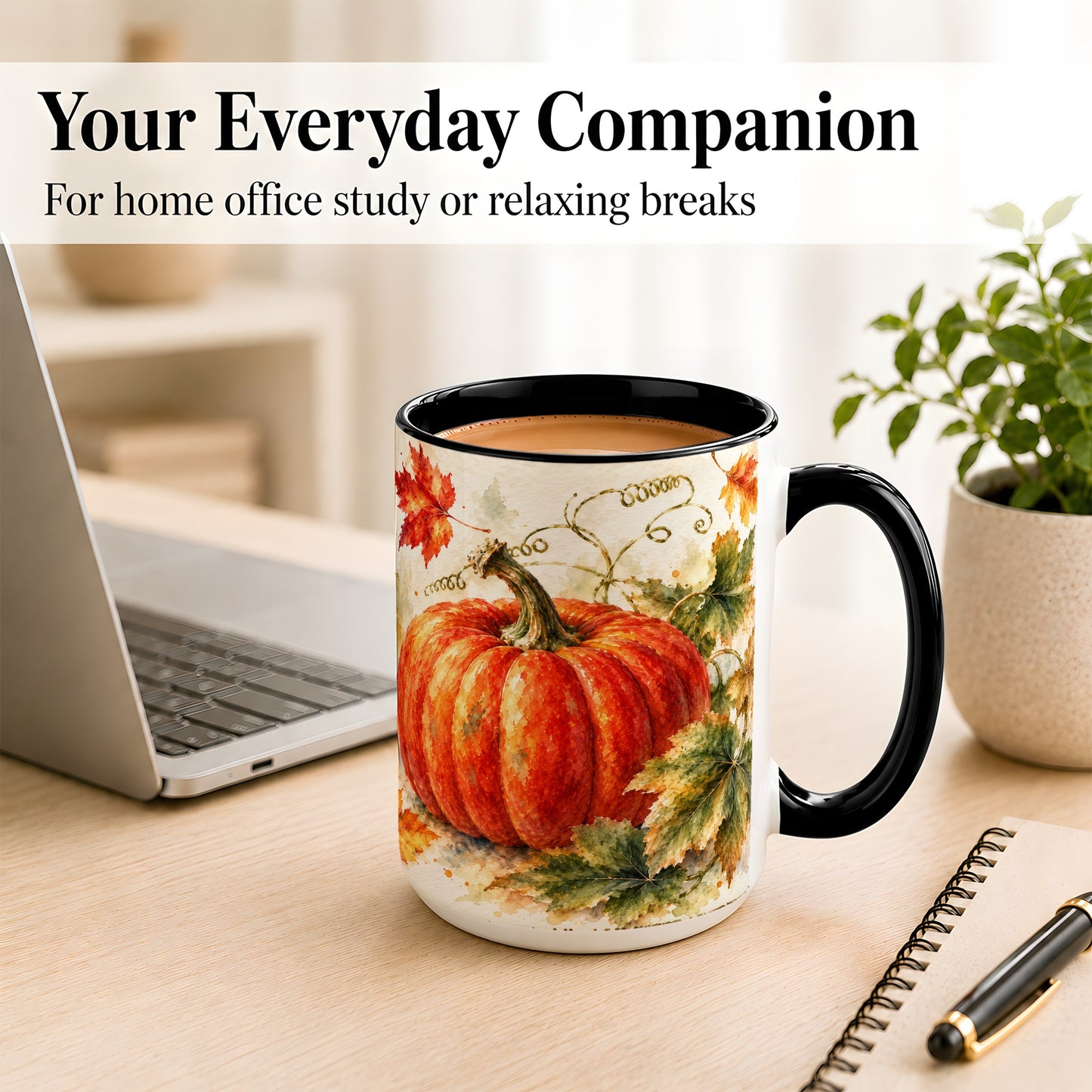#pl[15oz|Black] Autumn Pumpkin Coffee Mug, Watercolor Harvest Mug, Ceramic Cup