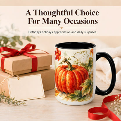 #pl[15oz|Black] Autumn Pumpkin Coffee Mug, Watercolor Harvest Mug, Ceramic Cup