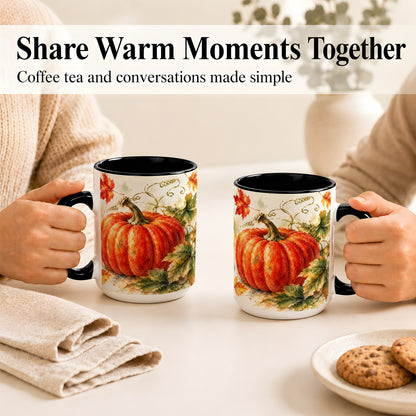 #pl[15oz|Black] Autumn Pumpkin Coffee Mug, Watercolor Harvest Mug, Ceramic Cup