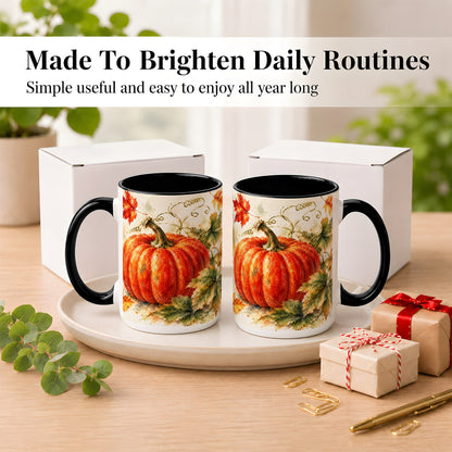 #pl[15oz|Black] Autumn Pumpkin Coffee Mug, Watercolor Harvest Mug, Ceramic Cup