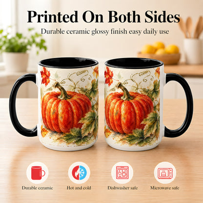 #pl[15oz|Black] Autumn Pumpkin Coffee Mug, Watercolor Harvest Mug, Ceramic Cup