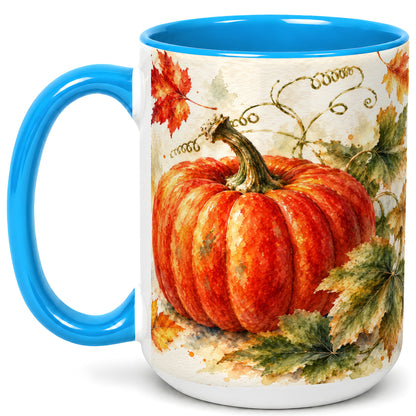 #pl[15oz|Blue] Autumn Pumpkin Coffee Mug, Watercolor Harvest Mug, Ceramic Cup