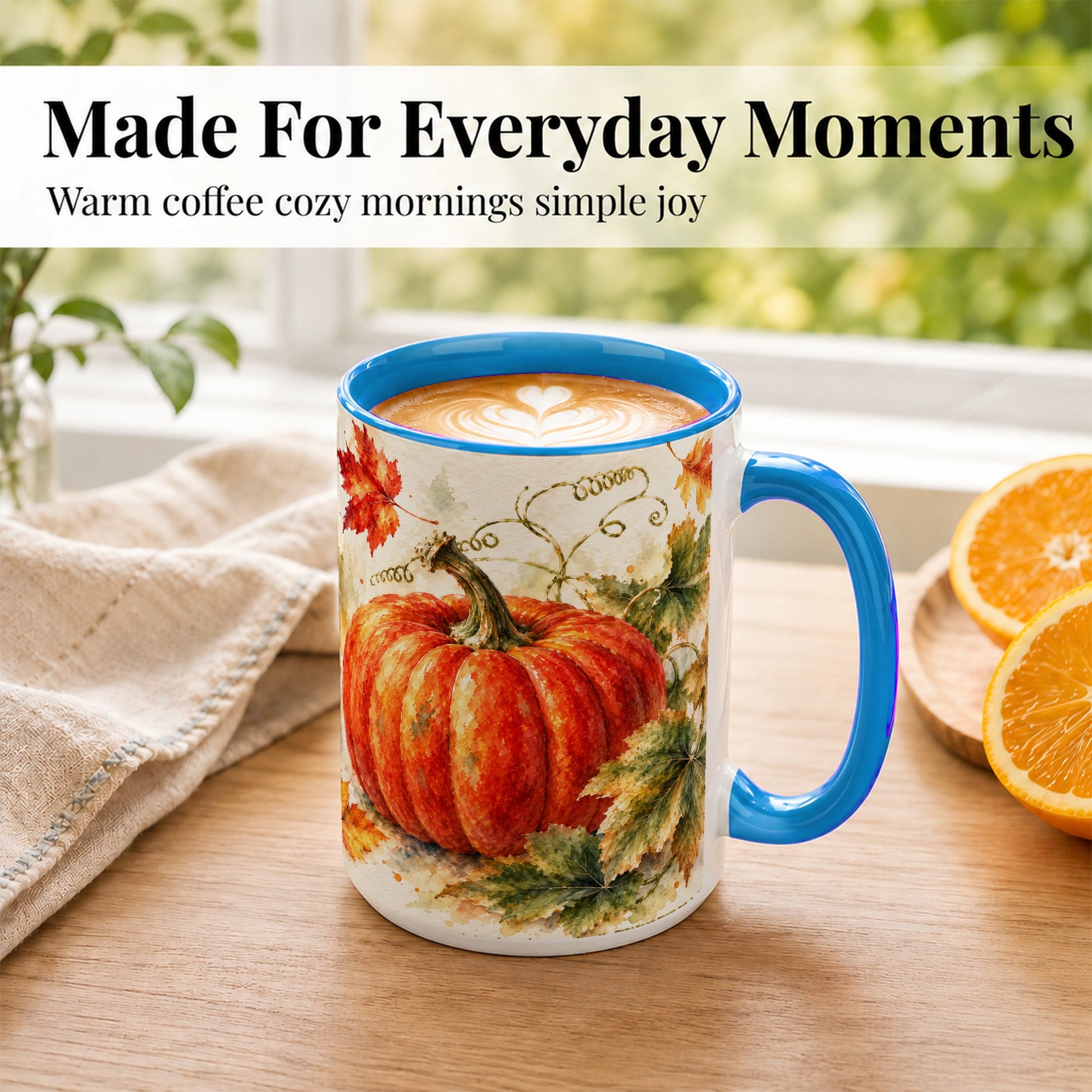 #pl[15oz|Blue] Autumn Pumpkin Coffee Mug, Watercolor Harvest Mug, Ceramic Cup