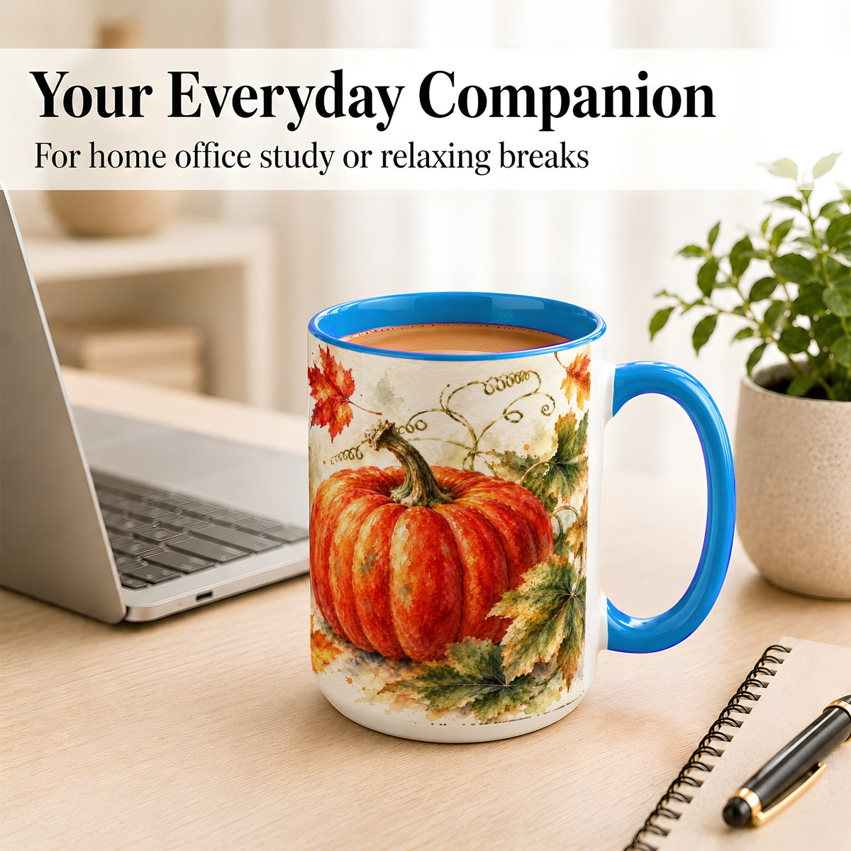 #pl[15oz|Blue] Autumn Pumpkin Coffee Mug, Watercolor Harvest Mug, Ceramic Cup