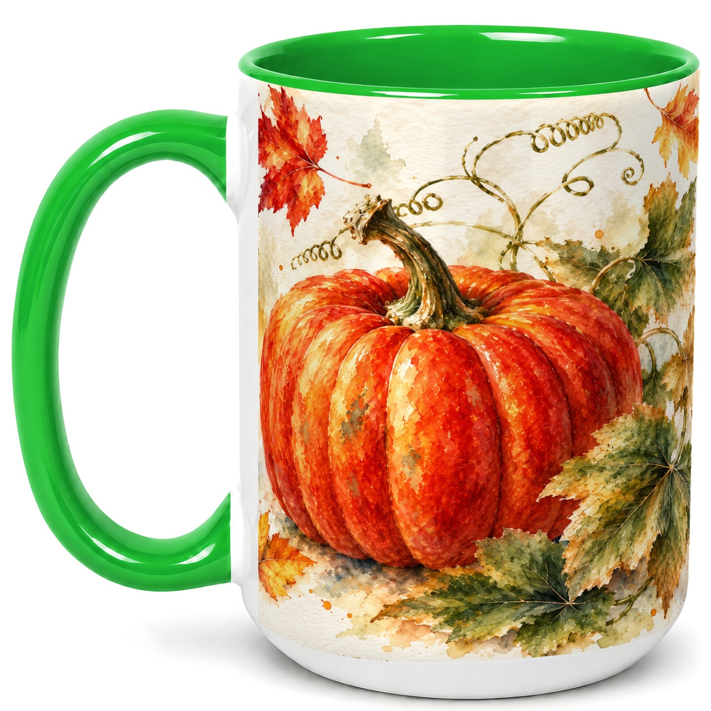 #pl[15oz|Green] Autumn Pumpkin Coffee Mug, Watercolor Harvest Mug, Ceramic Cup
