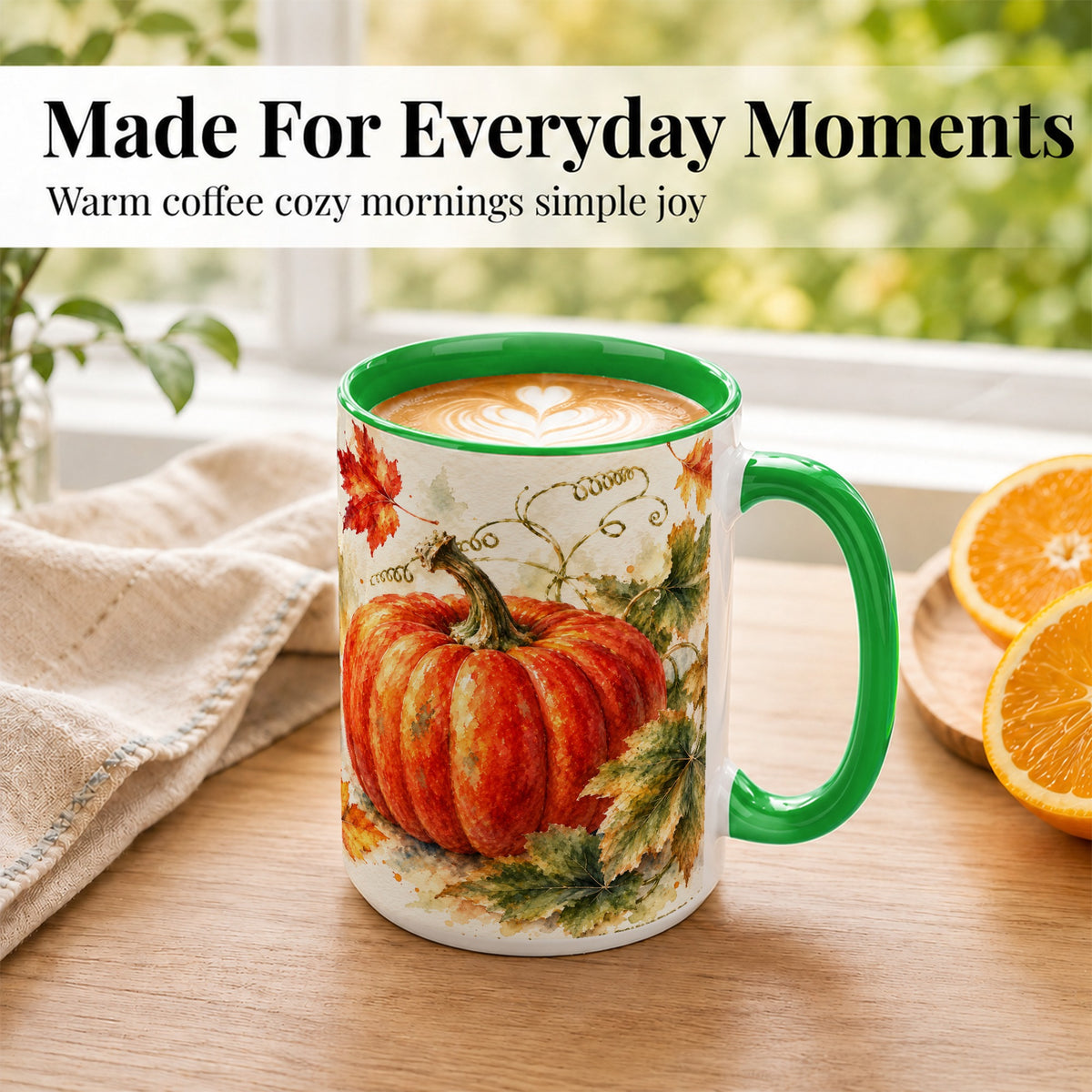 #pl[15oz|Green] Autumn Pumpkin Coffee Mug, Watercolor Harvest Mug, Ceramic Cup