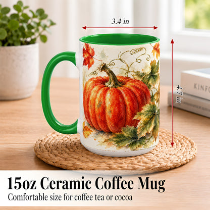 #pl[15oz|Green] Autumn Pumpkin Coffee Mug, Watercolor Harvest Mug, Ceramic Cup