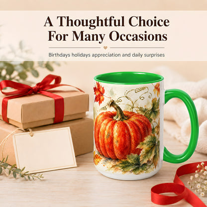 #pl[15oz|Green] Autumn Pumpkin Coffee Mug, Watercolor Harvest Mug, Ceramic Cup