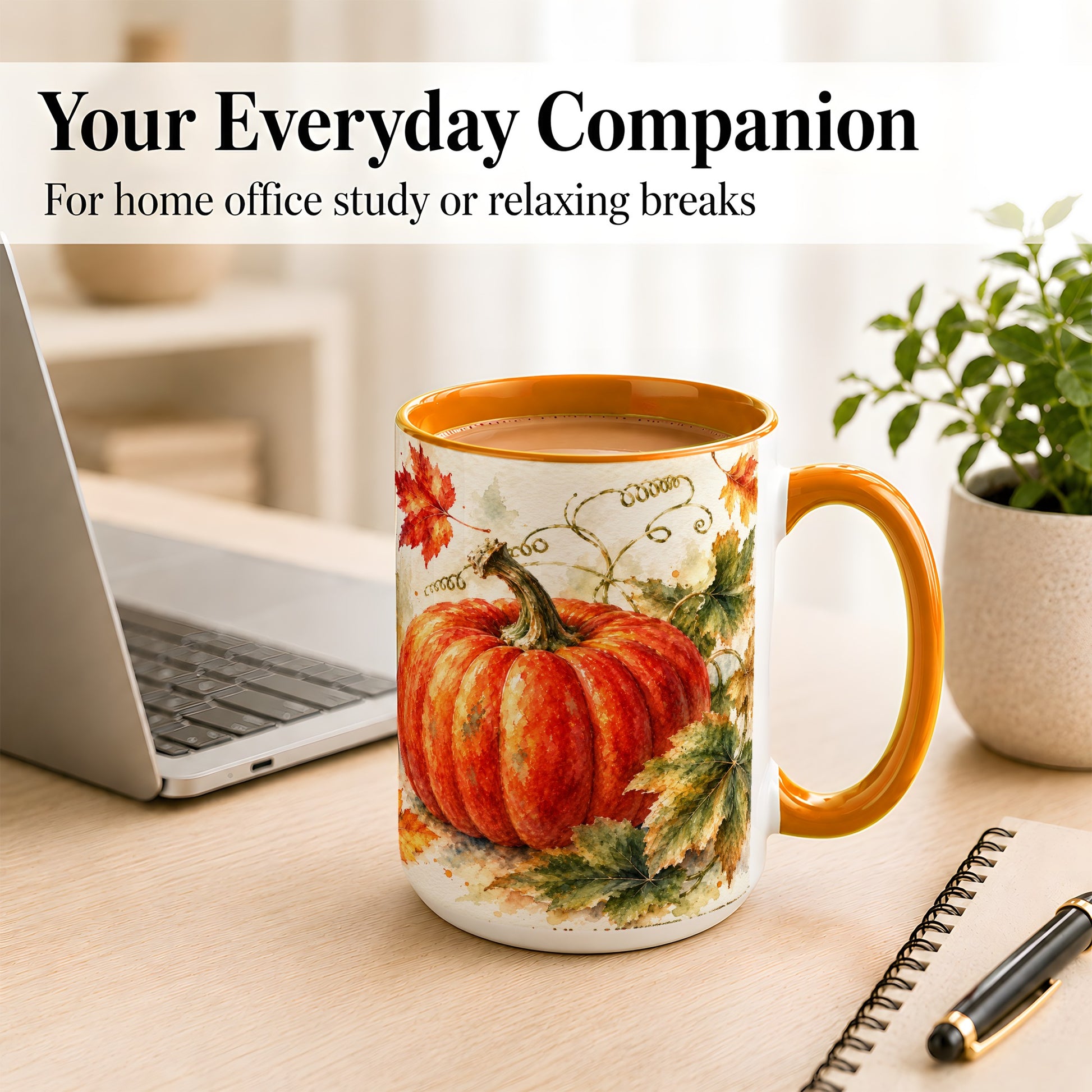 #pl[15oz|Orange] Autumn Pumpkin Coffee Mug, Watercolor Harvest Mug, Ceramic Cup