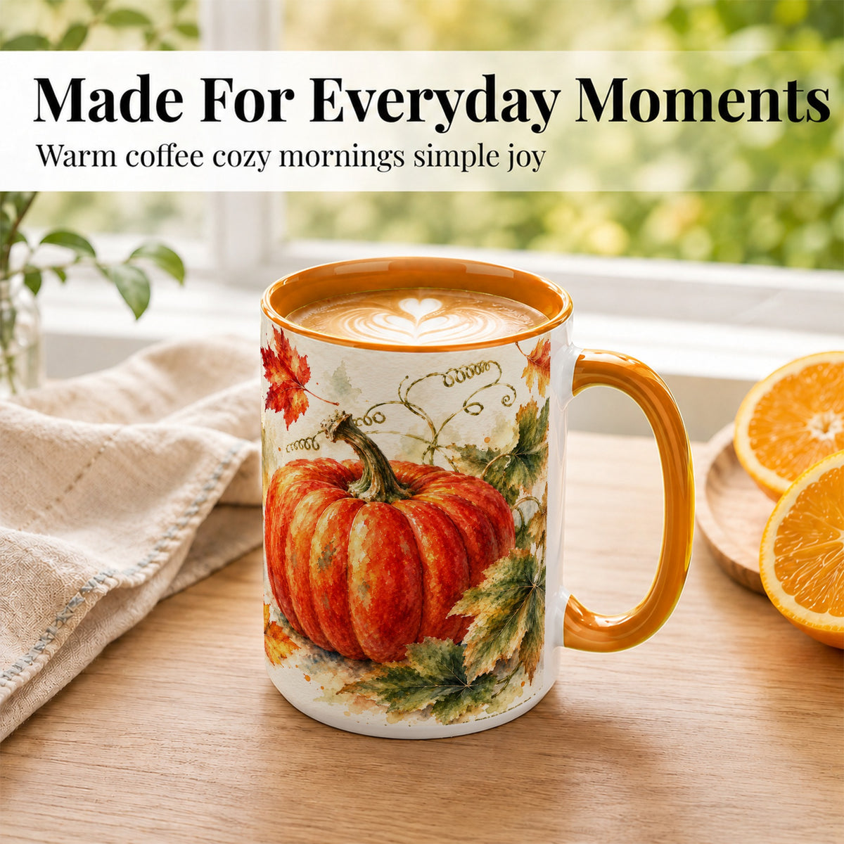#pl[15oz|Orange] Autumn Pumpkin Coffee Mug, Watercolor Harvest Mug, Ceramic Cup