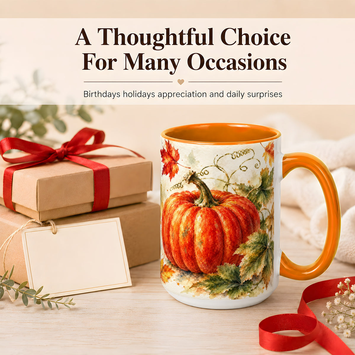 #pl[15oz|Orange] Autumn Pumpkin Coffee Mug, Watercolor Harvest Mug, Ceramic Cup