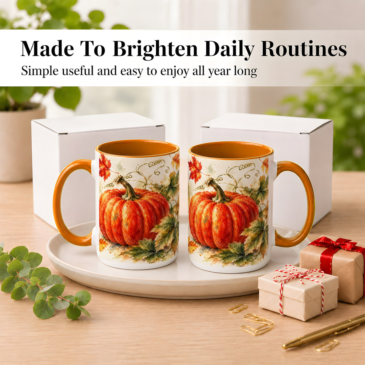 #pl[15oz|Orange] Autumn Pumpkin Coffee Mug, Watercolor Harvest Mug, Ceramic Cup