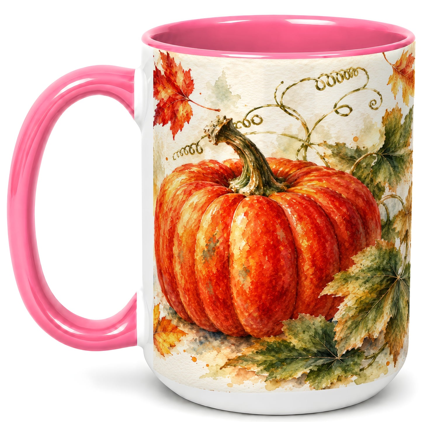 #pl[15oz|Pink] Autumn Pumpkin Coffee Mug, Watercolor Harvest Mug, Ceramic Cup