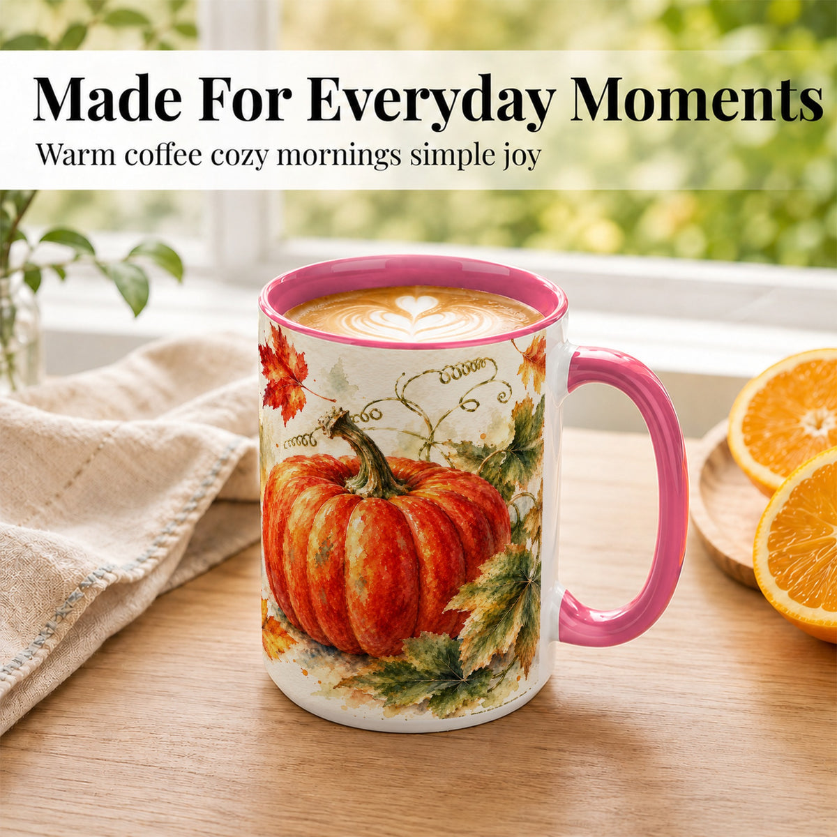 #pl[15oz|Pink] Autumn Pumpkin Coffee Mug, Watercolor Harvest Mug, Ceramic Cup