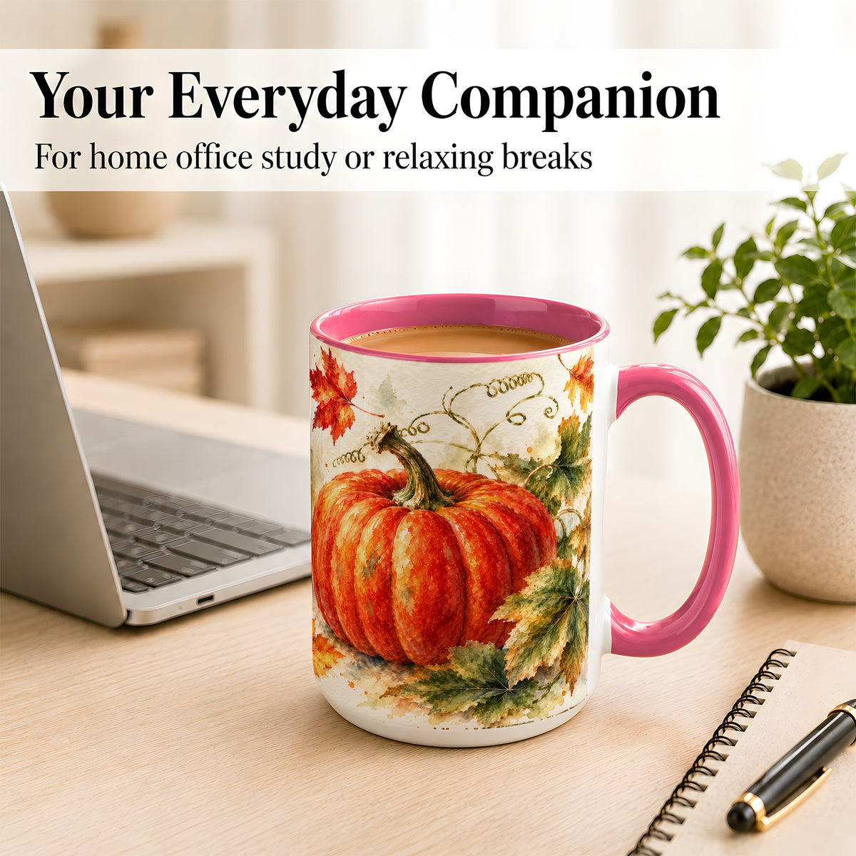 #pl[15oz|Pink] Autumn Pumpkin Coffee Mug, Watercolor Harvest Mug, Ceramic Cup