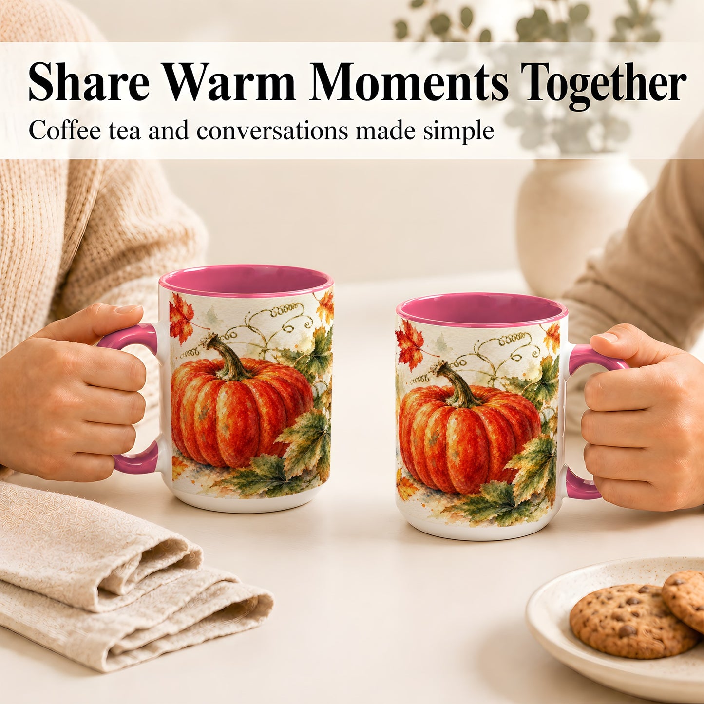 #pl[15oz|Pink] Autumn Pumpkin Coffee Mug, Watercolor Harvest Mug, Ceramic Cup