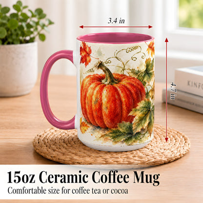 #pl[15oz|Pink] Autumn Pumpkin Coffee Mug, Watercolor Harvest Mug, Ceramic Cup