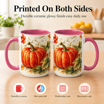 #pl[15oz|Pink] Autumn Pumpkin Coffee Mug, Watercolor Harvest Mug, Ceramic Cup