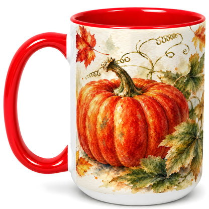#pl[15oz|Red] Autumn Pumpkin Coffee Mug, Watercolor Harvest Mug, Ceramic Cup
