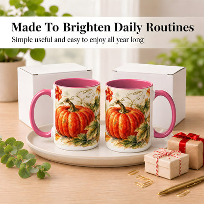#pl[15oz|Pink] Autumn Pumpkin Coffee Mug, Watercolor Harvest Mug, Ceramic Cup