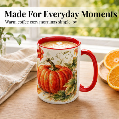 #pl[15oz|Red] Autumn Pumpkin Coffee Mug, Watercolor Harvest Mug, Ceramic Cup