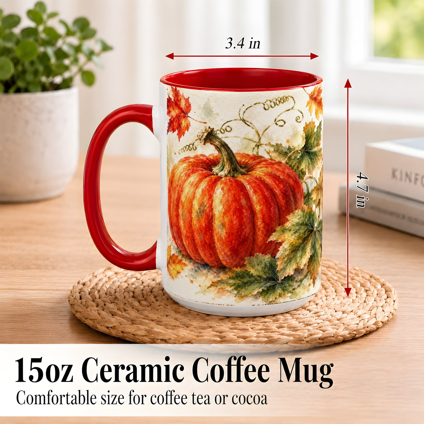 #pl[15oz|Red] Autumn Pumpkin Coffee Mug, Watercolor Harvest Mug, Ceramic Cup