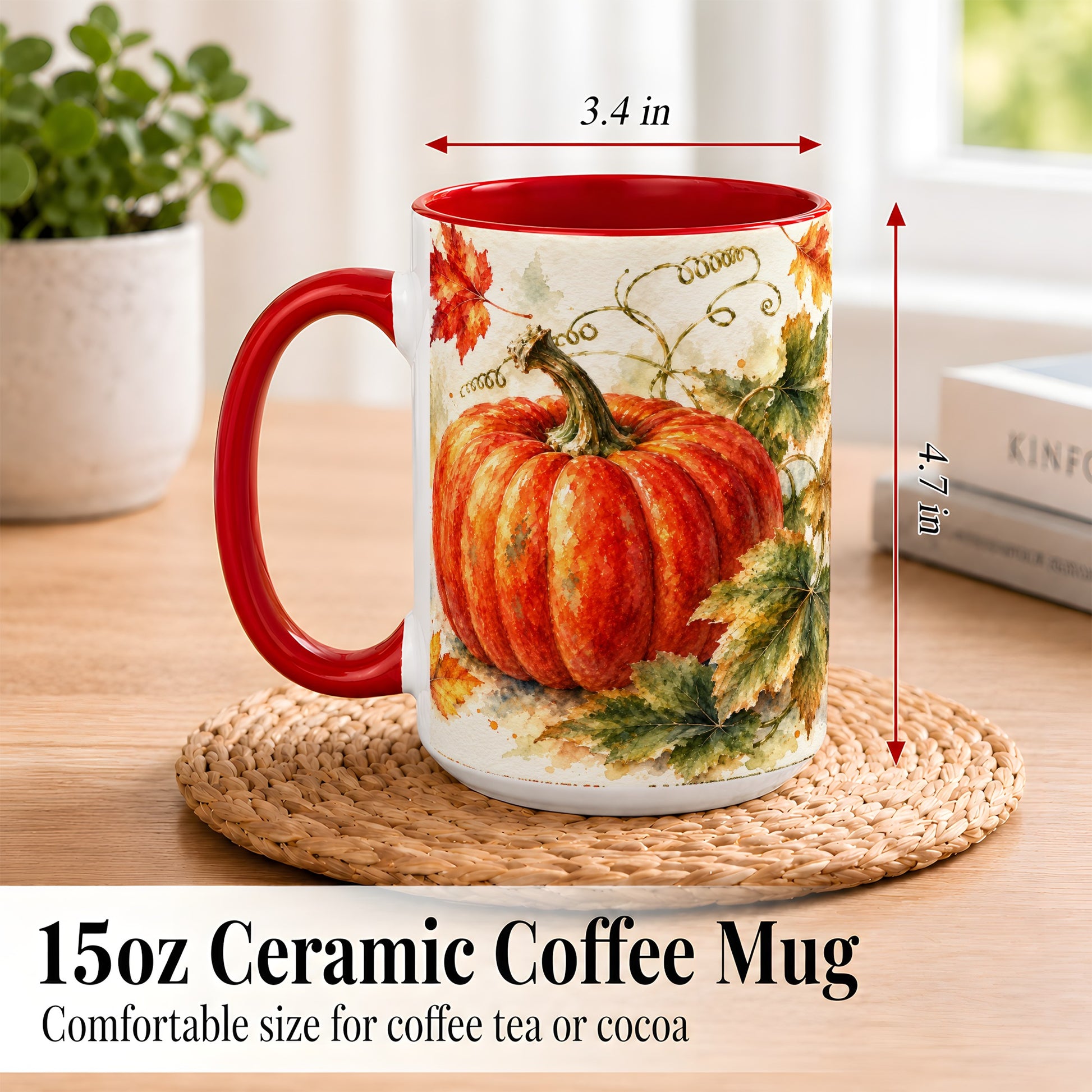 #pl[15oz|Red] Autumn Pumpkin Coffee Mug, Watercolor Harvest Mug, Ceramic Cup