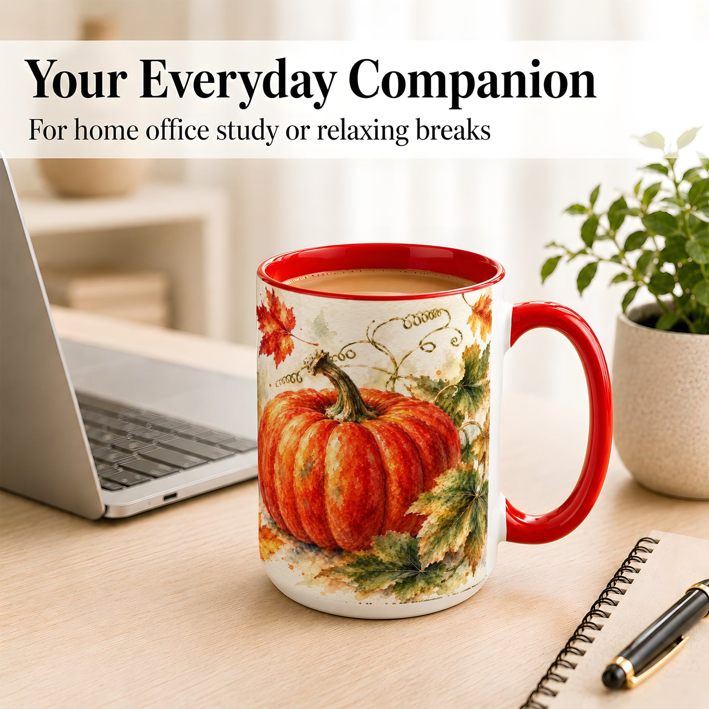#pl[15oz|Red] Autumn Pumpkin Coffee Mug, Watercolor Harvest Mug, Ceramic Cup