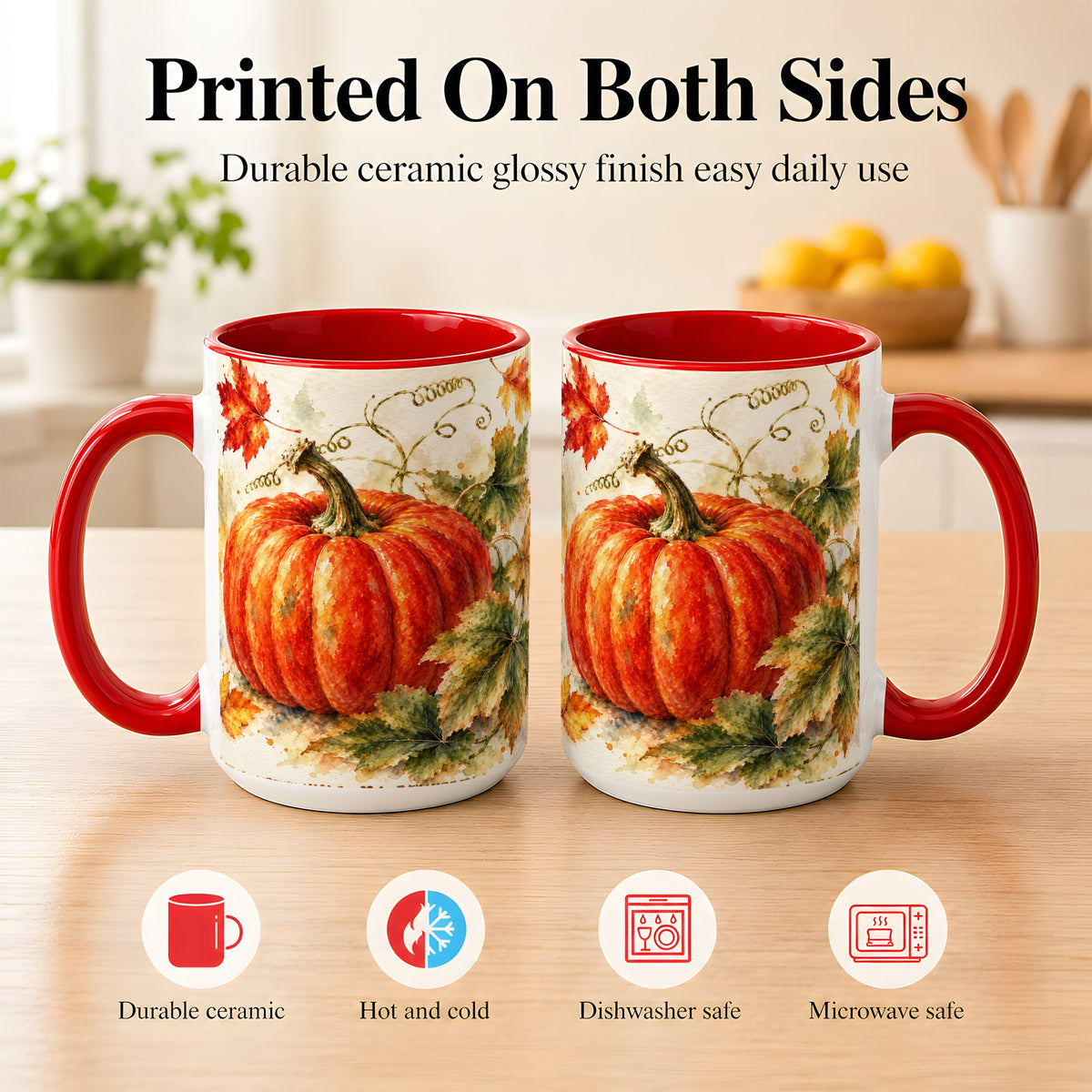 #pl[15oz|Red] Autumn Pumpkin Coffee Mug, Watercolor Harvest Mug, Ceramic Cup