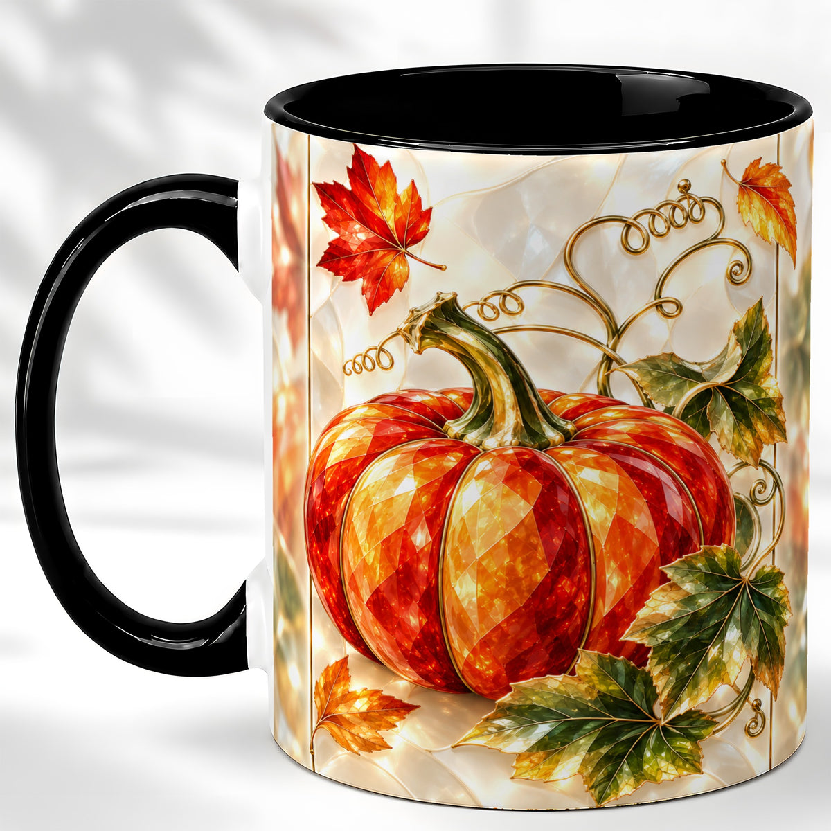 #pl[11oz|Black] Stained Glass Pumpkin Coffee Mug, Autumn Harvest Mug, Ceramic Cup